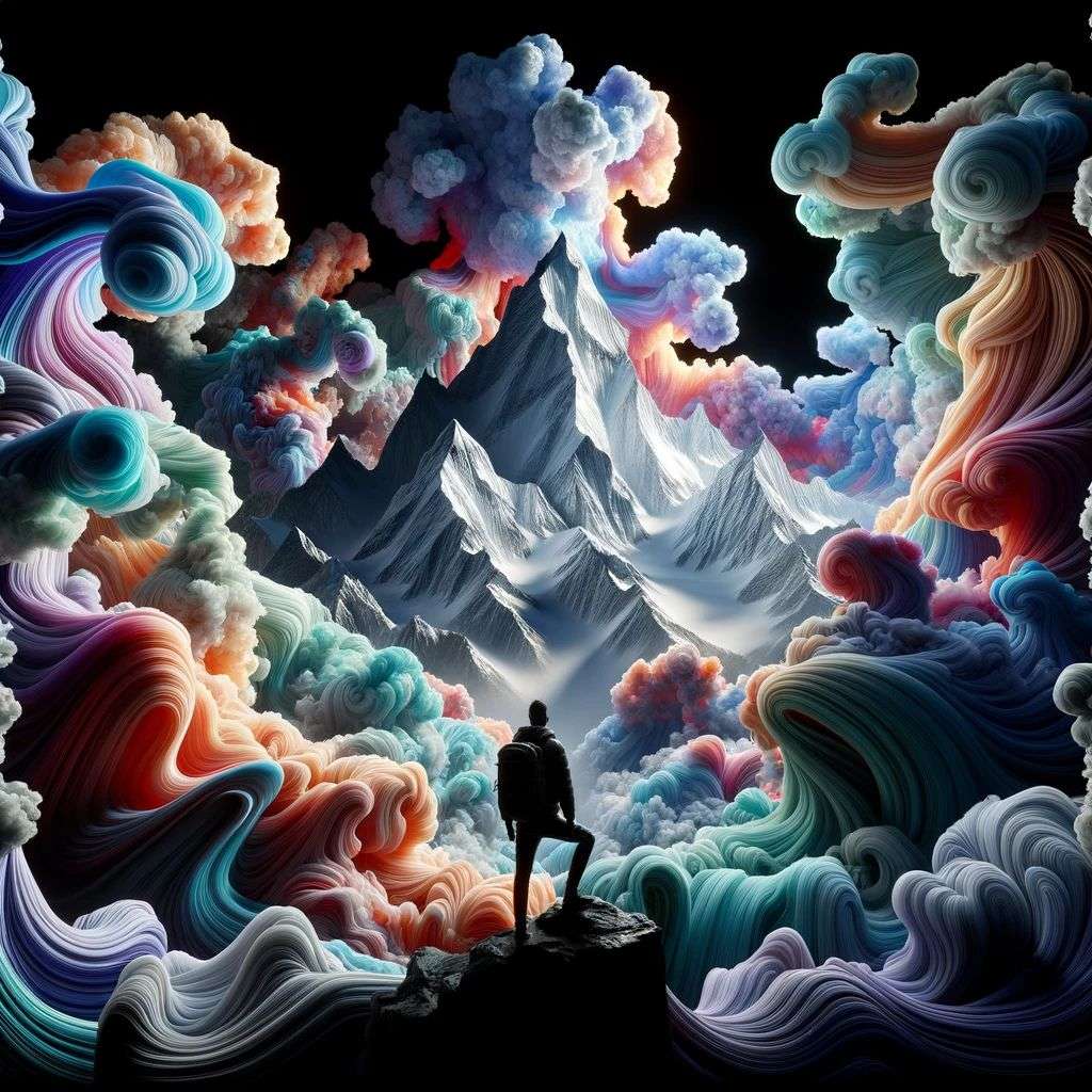 someone gazing at Mount Everest made of very detailed curling wispy glowing multicolored smoke, digital art, volumetric, 3D render, Octane render